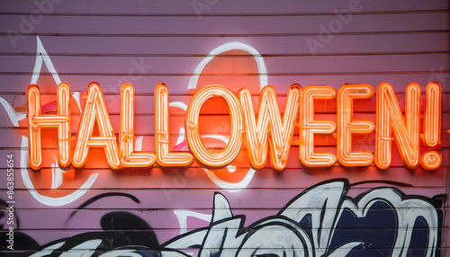 halloween, leuchtreklame, reklame, text, 3d, Buchstaben, glow, orange, 3d, text, Schrift, an, wand, geschrieben, reklame, oktober, lila, urban, urban, grunge, style, backstein, neu, Hintergrund, kunst