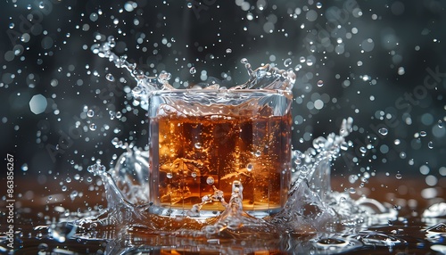 A glass of brown liquid with ice cubes in it, surrounded by water splashing. The background is a dark blurry bokeh.