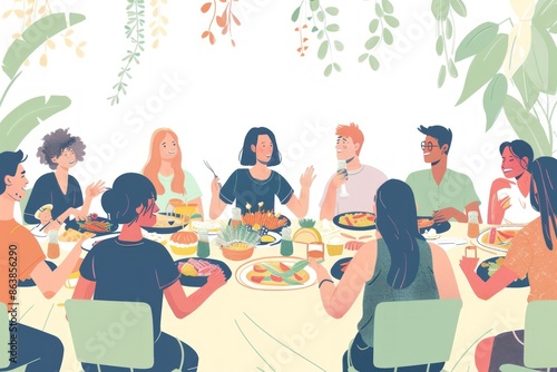 A group of people are sitting around a table eating food. Scene is happy and social