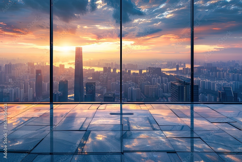 Fototapeta premium Empty square floors and city skyline with modern buildings at sunset high angle view