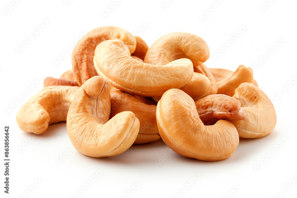 Close-up of shelled and unshelled Cashew nuts isolated on a white background, showcasing their texture Close-up of shelled and unshelled Cashew nuts isolated on a white background, showcasing their texture