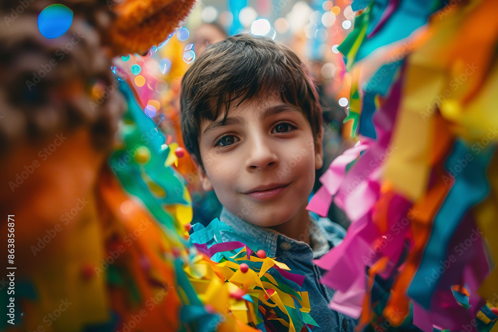 Spanish mexican traditional holiday with hitting colorful handmade pinata hanging toy, Generative AI Spanish mexican traditional holiday with hitting colorful handmade pinata hanging toy, Generative AI