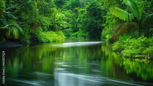 A lush landscape where a small stream snakes through a dense forest at the foot of green, rolling hills. The water is clear and reflects the sky and trees