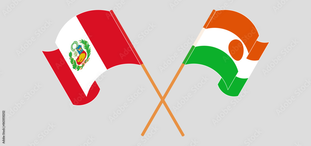 Crossed and waving flags of Peru and Niger Crossed and waving flags of Peru and Niger