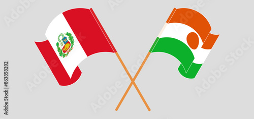 Crossed and waving flags of Peru and Niger