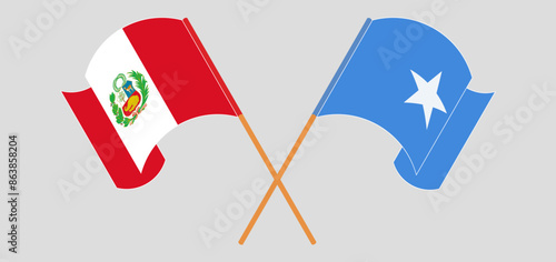 Crossed and waving flags of Peru and Somalia