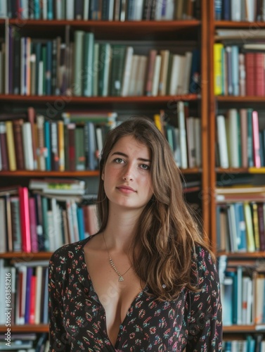 A woman stands in front of a bookshelf filled with books, offering a quiet moment of contemplation