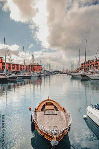 Closeup shot of a modern wooden sailing boat docked at the harbour.