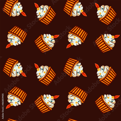 Hello autumn, autumn season, leaves, branches, berry cupcake, pattern, vector