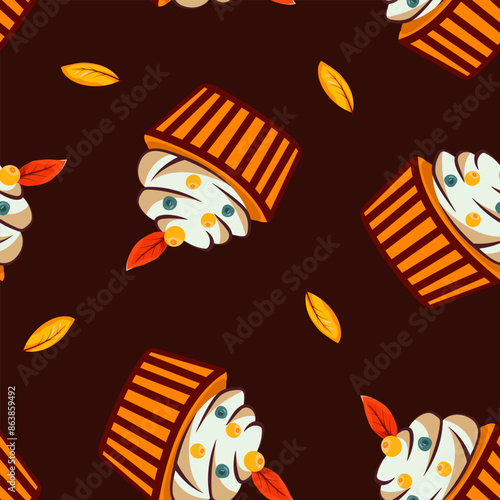 Hello autumn, autumn season, leaves, branches, berry cupcake, pattern, vector