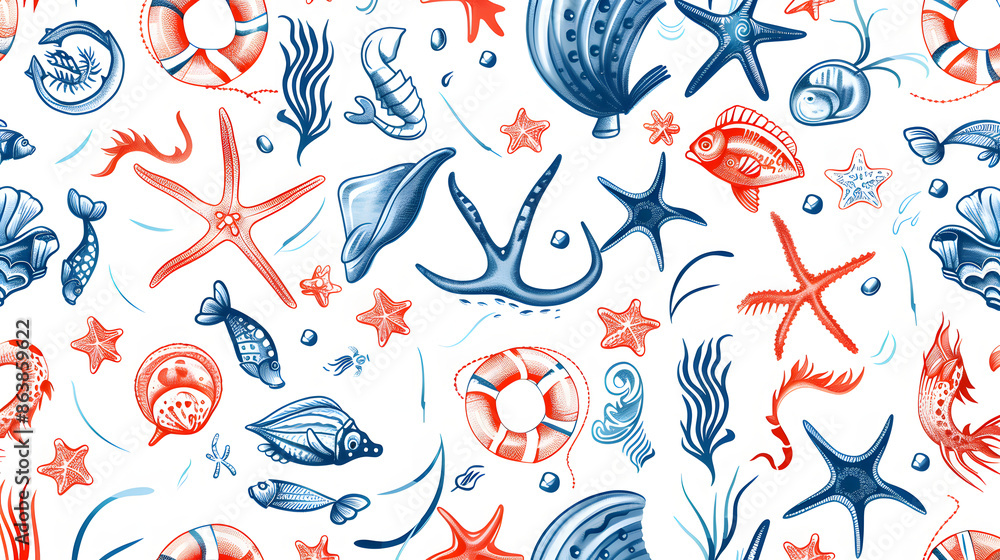 Obraz premium Beautiful seamless marine style pattern on white background