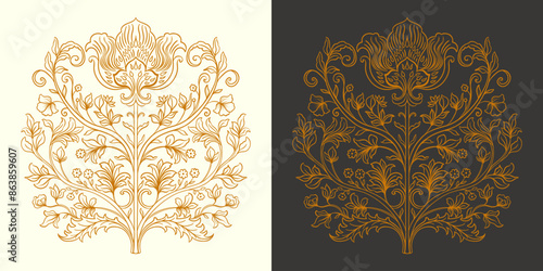 Mughal Art is a traditional bunch flower of floral ornaments. A multi-color motif on a light background, isolated element. Fantasy traditional bouquet.