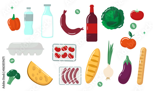 Vector grocery store food set. Collection of supermarket food clipart. Healthy eating, cheese, eggs, bread, vegetables isolated on white background