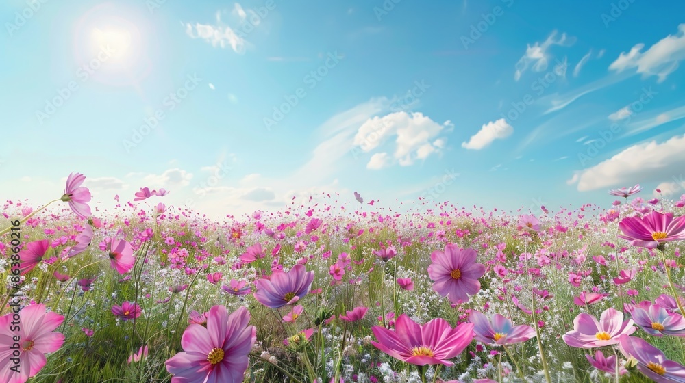 A field of pink flowers sways gently in the breeze under a clear blue sky