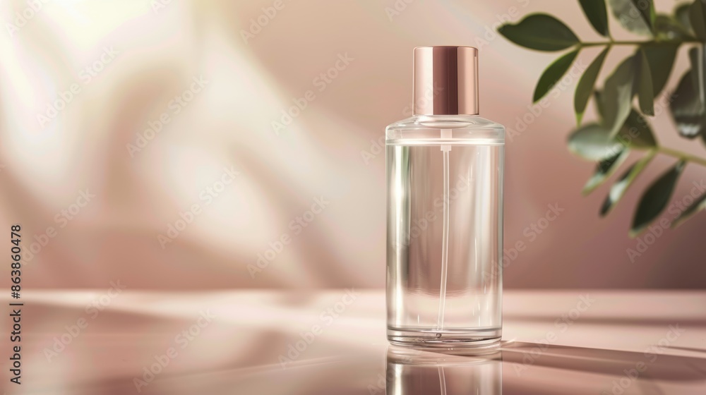 Naklejka premium High-end cosmetic toner in a sleek glass bottle, reflective surface, luxury product design