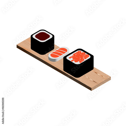 sushi 3d on wood plate and on white background 