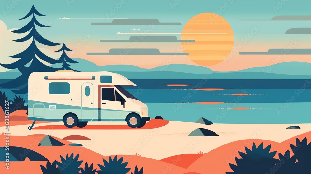 Beach camping flat design front view theme coastal cartoon drawing Triadic Color Scheme Beach camping flat design front view theme coastal cartoon drawing Triadic Color Scheme