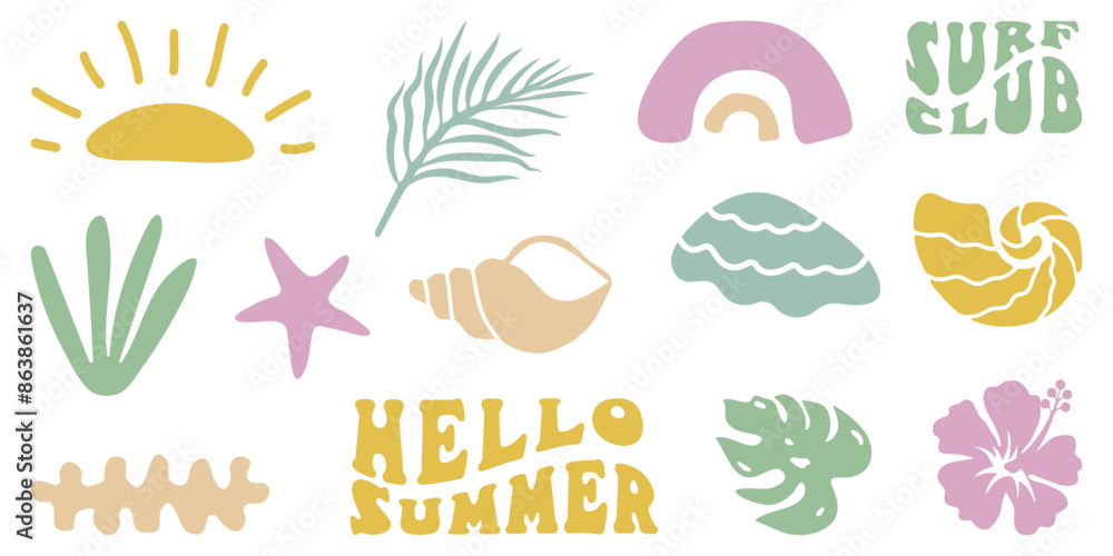 Retro Groovy Surf Club in trendy Boho style. Naive Geometric Summer Palm Tree. Simple background of sun sea. Retro Summer Beach Hand Drawn isolated illustration. Vintage Surf Club. Vector illustration Retro Groovy Surf Club in trendy Boho style. Naive Geometric Summer Palm Tree. Simple background of sun sea. Retro Summer Beach Hand Drawn isolated illustration. Vintage Surf Club. Vector illustration