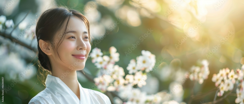 Chinese girl in traditional dress, serene garden, natural beauty, bright smile Chinese girl in traditional dress, serene garden, natural beauty, bright smile