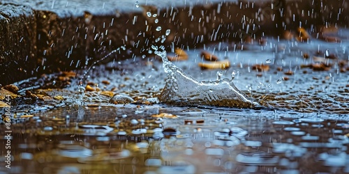 Closeup of rainwater splashing in street gutter wetting nearby surfaces. Concept Rainy Day closeup, Street Gutter Splash, Wet Surfaces, Water Droplets, Environmental Reflections