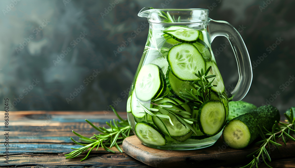 Refreshing cucumber water with rosemary in jug and vegetable on wooden table, closeup. Space for text Refreshing cucumber water with rosemary in jug and vegetable on wooden table, closeup. Space for text