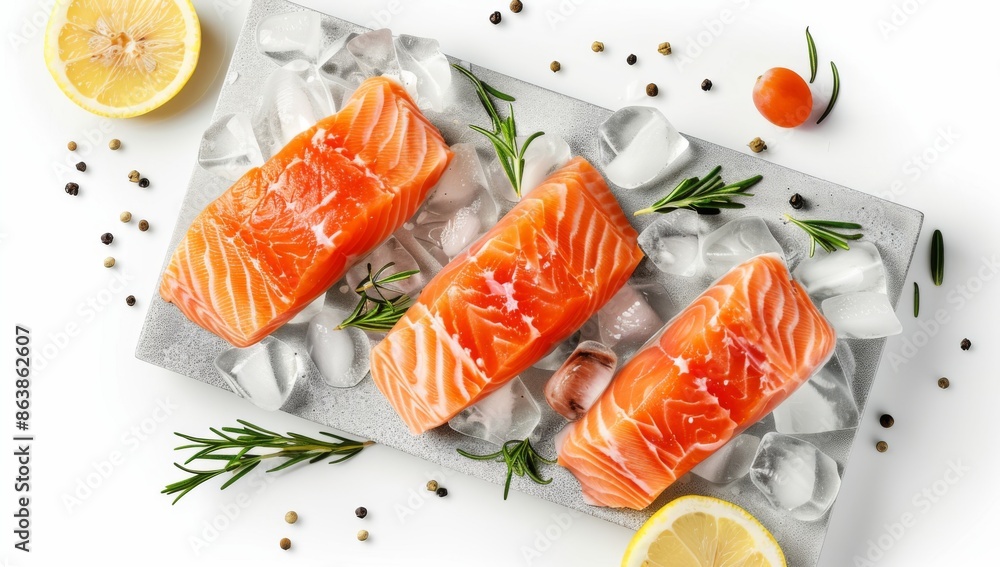 fresh salmon fillets on ice with lemon on white background fresh salmon fillets on ice with lemon on white background