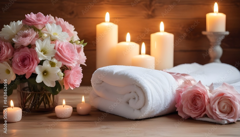 A stack of white towels, pink flowers, and lit candles on a wooden surface, creating a relaxing and spa-like atmosphere A stack of white towels, pink flowers, and lit candles on a wooden surface, creating a relaxing and spa-like atmosphere