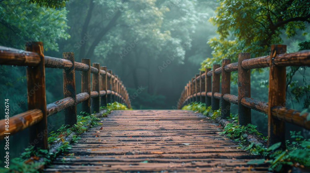 Fototapeta premium The photo shows a wooden bridge in a forest. The bridge is surrounded by trees and plants. The light is shining through the trees. The photo is taken from a low angle.