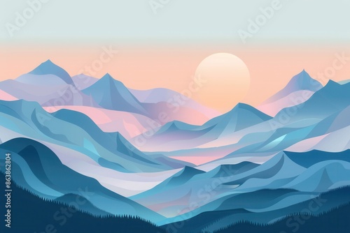 A digital illustration depicting a serene mountain landscape bathed in the soft hues of dawn, with the sun rising above the peaks. Generative AI © Анатолий Савицкий