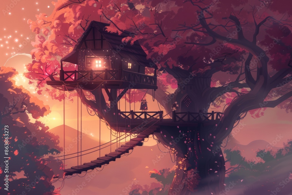 Obraz premium A treehouse with a rope bridge connecting to another tree, cozy vibe, Generative AI 