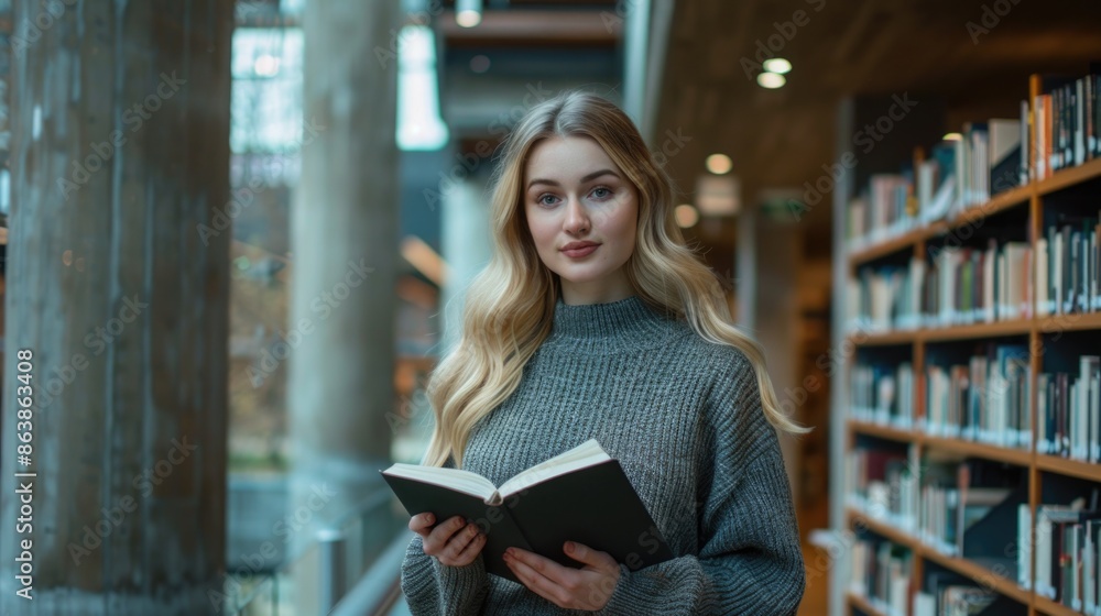 A woman stands in a quiet library surrounded by books, holding a single volume A woman stands in a quiet library surrounded by books, holding a single volume