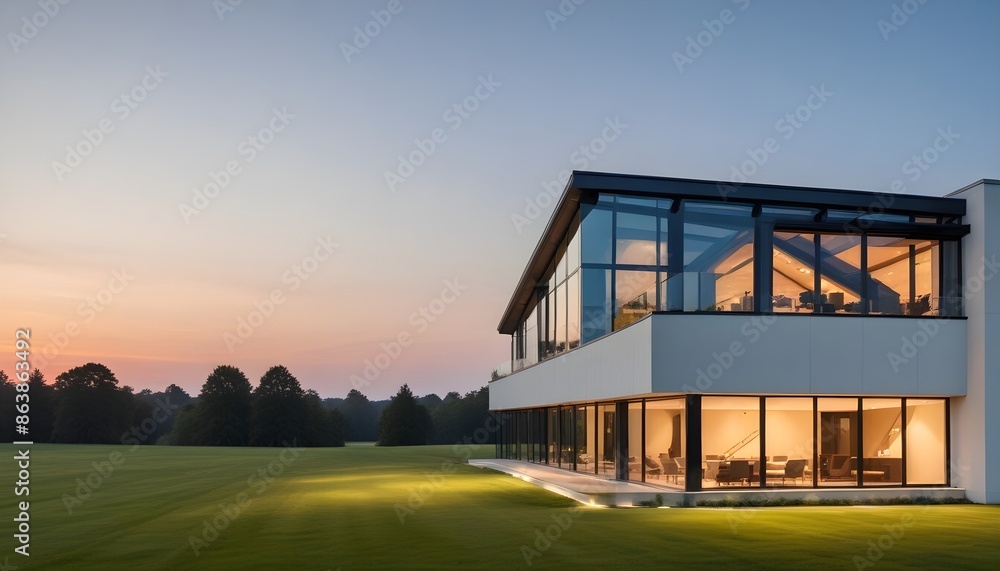 Fototapeta premium An isolated glass mansion with large windows, surrounded by a grassy field and trees in the background at sunset