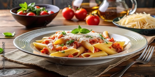 Plate of penne al sugo with parmesan on a beautifully set table at a restaurant , food, pasta, Italian cuisine, dinner