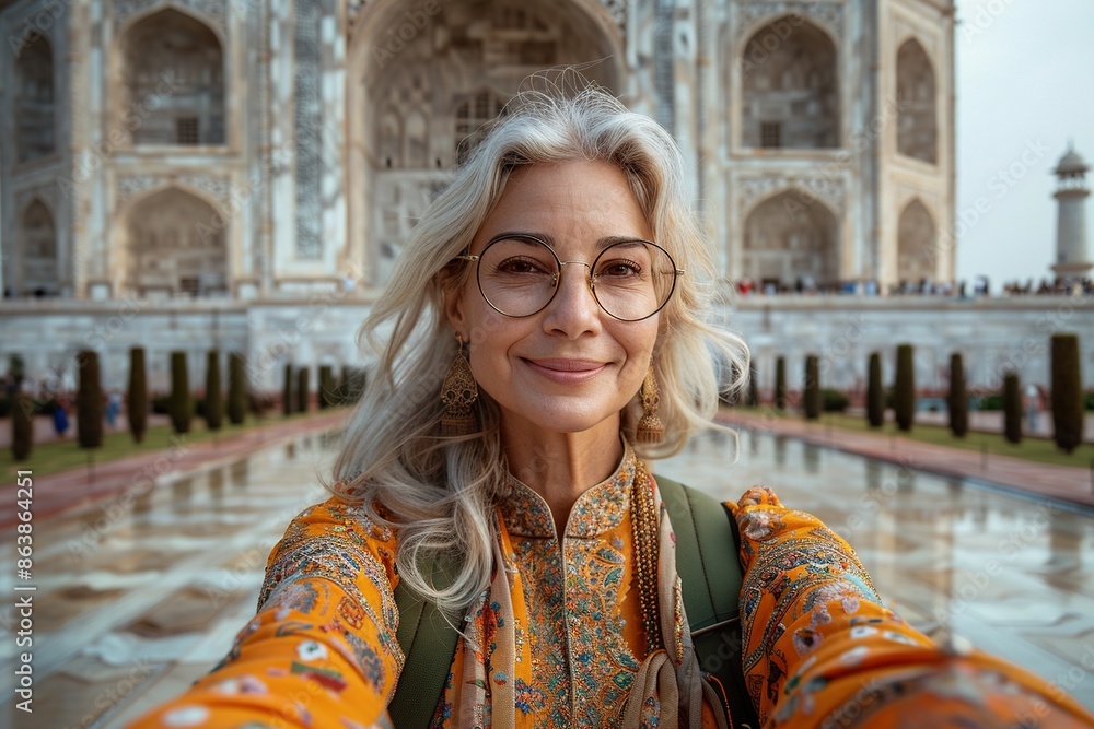 smiling older woman taking a selfie in the gardens in front of the Taj ...