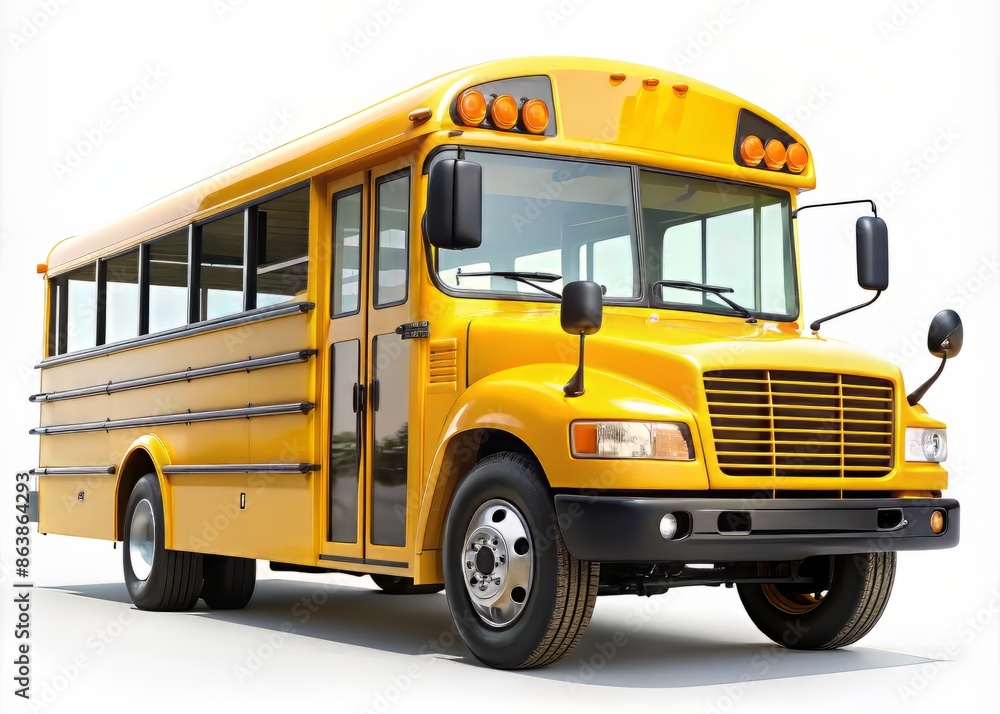 A bright and cheerful small yellow school bus stands alone on a white background, wheels and headlights gleaming, awaiting its next adventure. A bright and cheerful small yellow school bus stands alone on a white background, wheels and headlights gleaming, awaiting its next adventure.