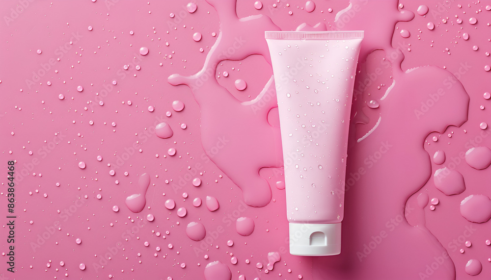 Moisturizing cream in tube on pink background with water drops, top view. Space for text Moisturizing cream in tube on pink background with water drops, top view. Space for text