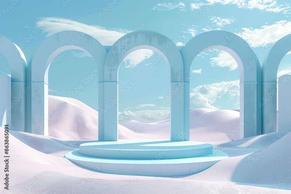 Fototapeta premium A serene winter scene with a stage in the middle of a snow-covered landscape
