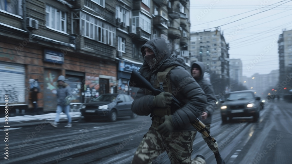 A soldier in protective gear runs down a city street, holding a weapon. In the background, a few civilians and cars can be seen A soldier in protective gear runs down a city street, holding a weapon. In the background, a few civilians and cars can be seen