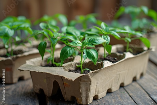 Pepper seedlings growing in paper planters photo