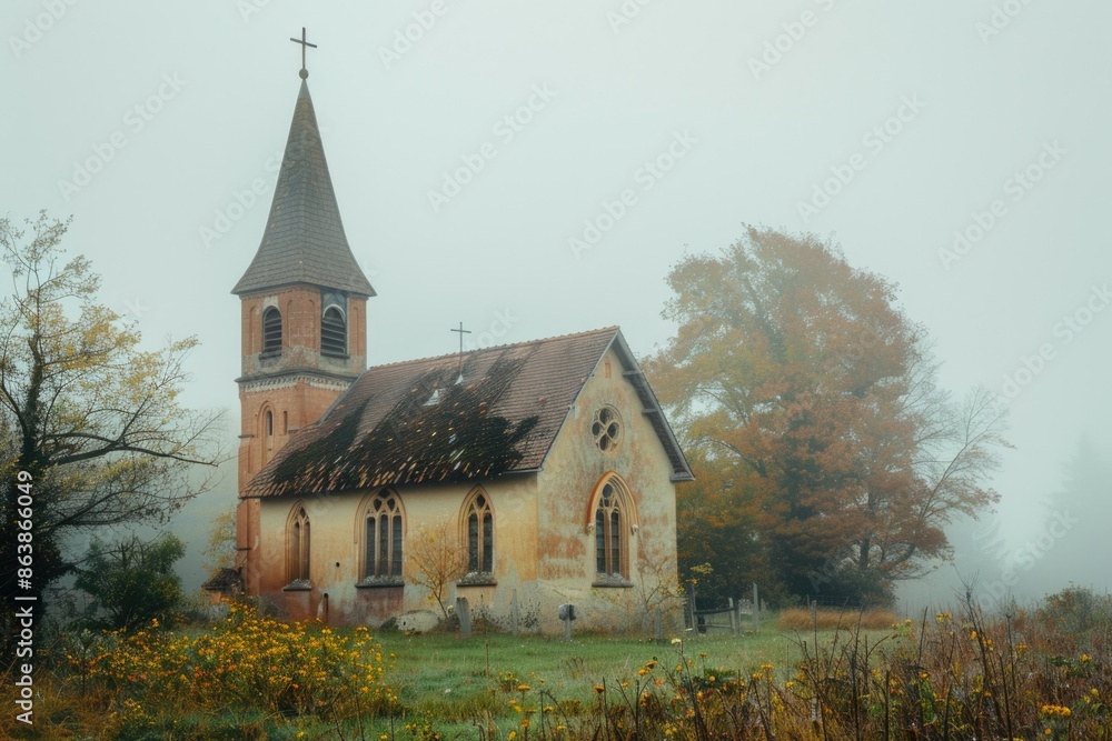 A historic church with a tall steeple stands out against a misty foggy day, suitable for use in nostalgic or vintage-themed designs A historic church with a tall steeple stands out against a misty foggy day, suitable for use in nostalgic or vintage-themed designs