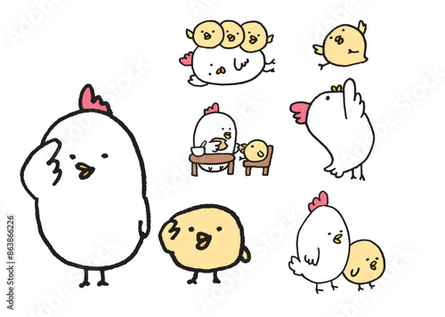 線画の丸っこくてかわいいにわとりの親子