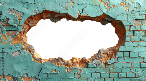 Hole breaking through mince green old brick wall cut out transparent, PNG
