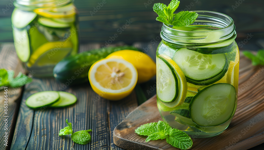 Sassy water or water with cucumber and lemon on wooden table Sassy water or water with cucumber and lemon on wooden table