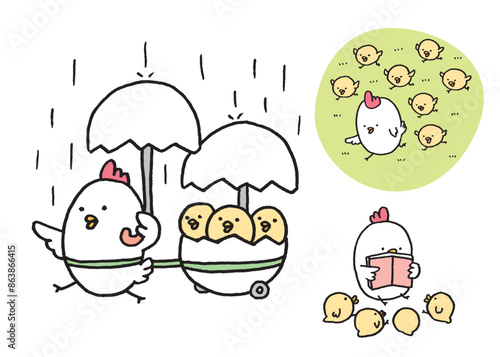 線画の丸っこくてかわいいにわとりの親子