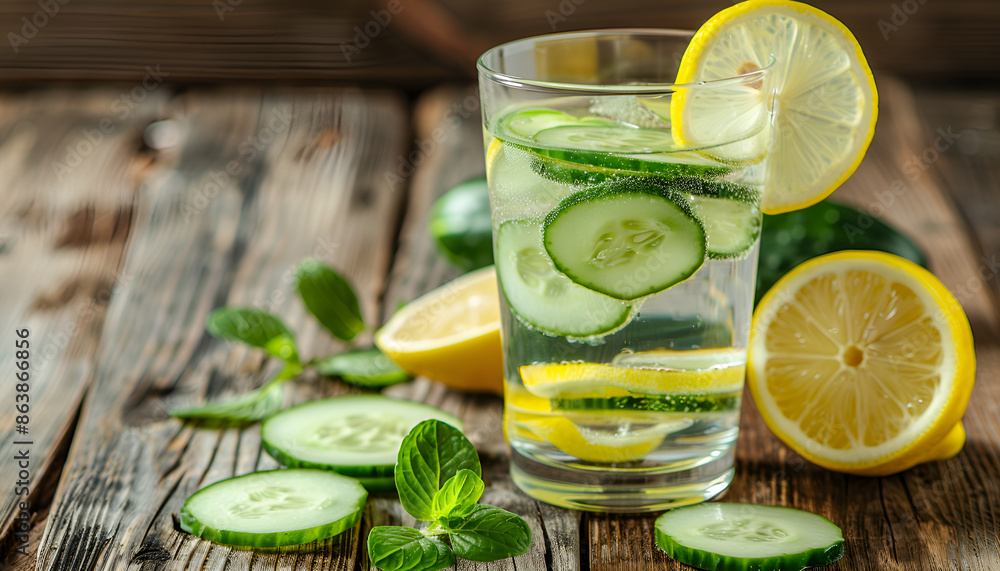 Sassy water or water with cucumber and lemon on wooden table Sassy water or water with cucumber and lemon on wooden table