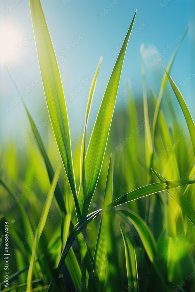 Fototapeta premium Green Grass Blades Illuminated by Sunlight