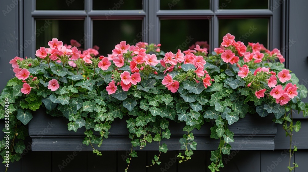 Fototapeta premium Vibrant Pink Petunias in a Window Box on a Sunny Day