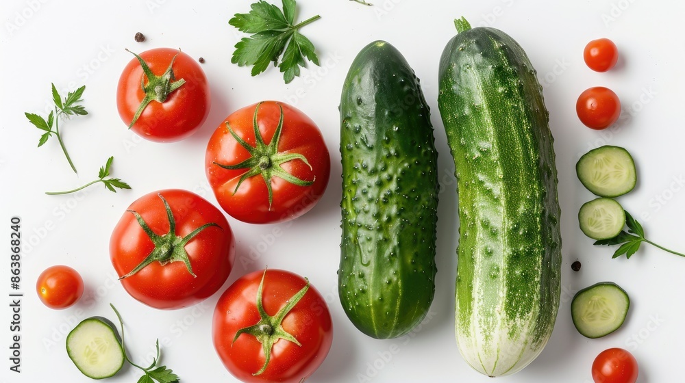 White background with tomato and cucumber White background with tomato and cucumber