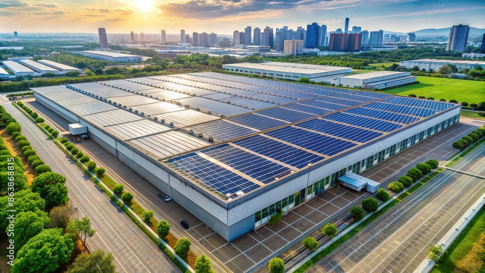 An expansive industrial warehouse situated in a modern technology park is adorned with an array of solar panels on its rooftop. An expansive industrial warehouse situated in a modern technology park is adorned with an array of solar panels on its rooftop.