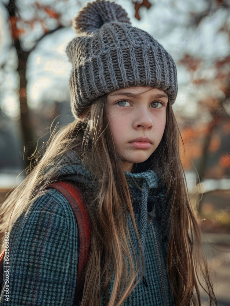 A young girl dressed warmly in a hat and scarf, perfect for winter scenes or cold weather illustrations A young girl dressed warmly in a hat and scarf, perfect for winter scenes or cold weather illustrations